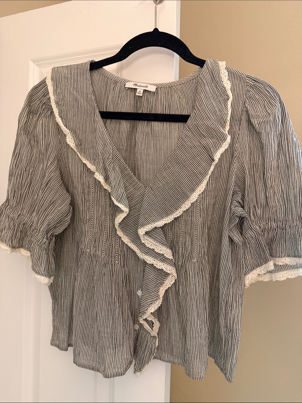 Madewell Black & White Striped Ruffle Button-Front Blouse